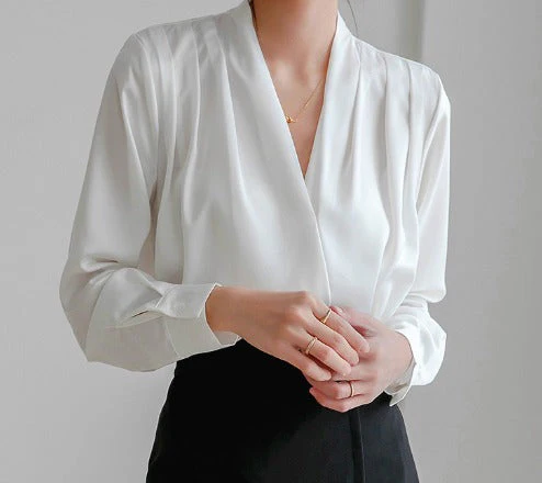 Women's Puff Sleeve Blouse, V-Neck Elegant Top for Casual and Formal Wear, Breathable Fabric, Available in Blue and Black - Image 2