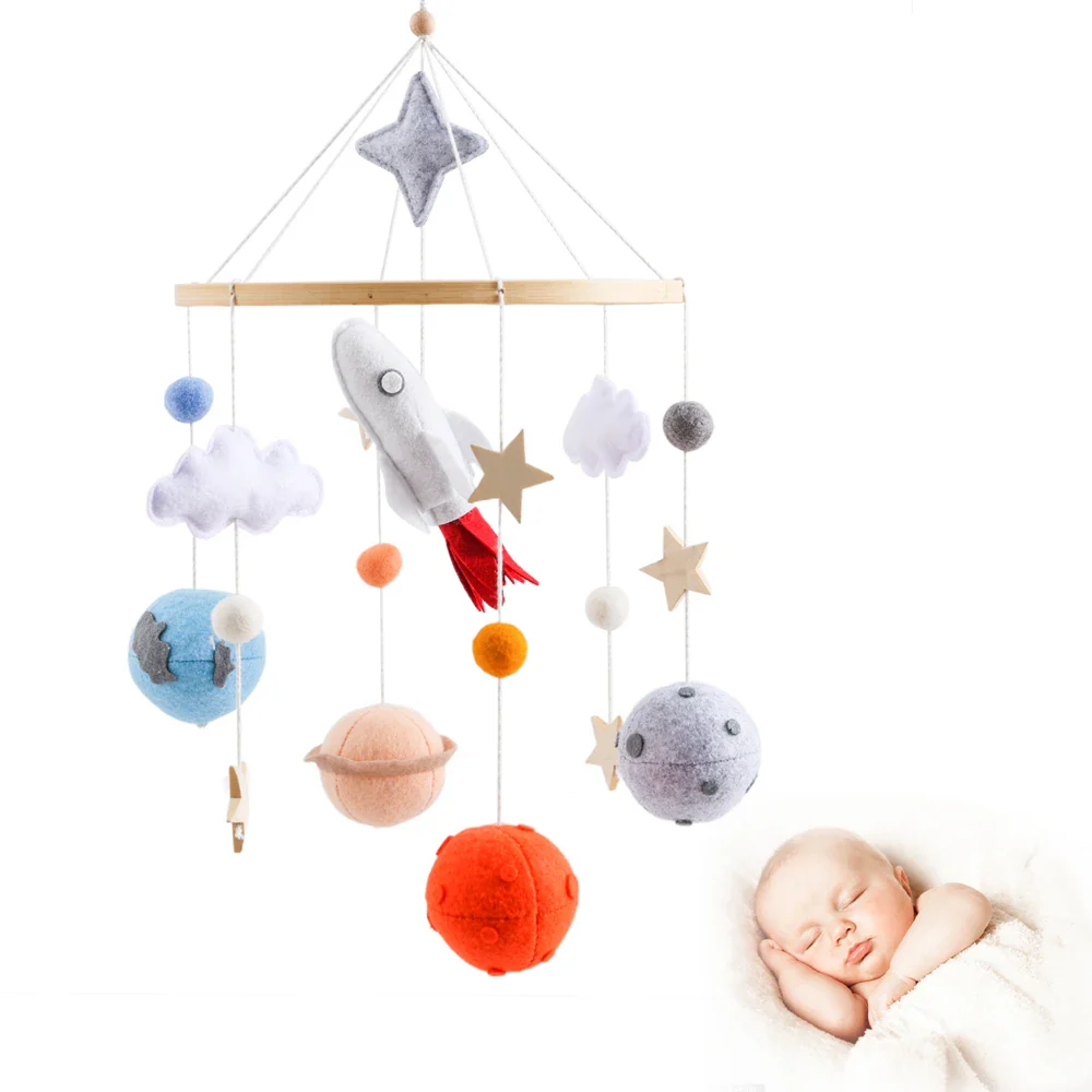 Wooden Rocket Crib Mobile Newborn Sensory Toys Soothing