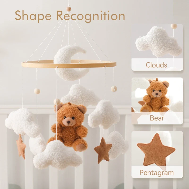 Wooden Crib Mobile Felt Bear Musical Newborn Sensory Toys - Image 4