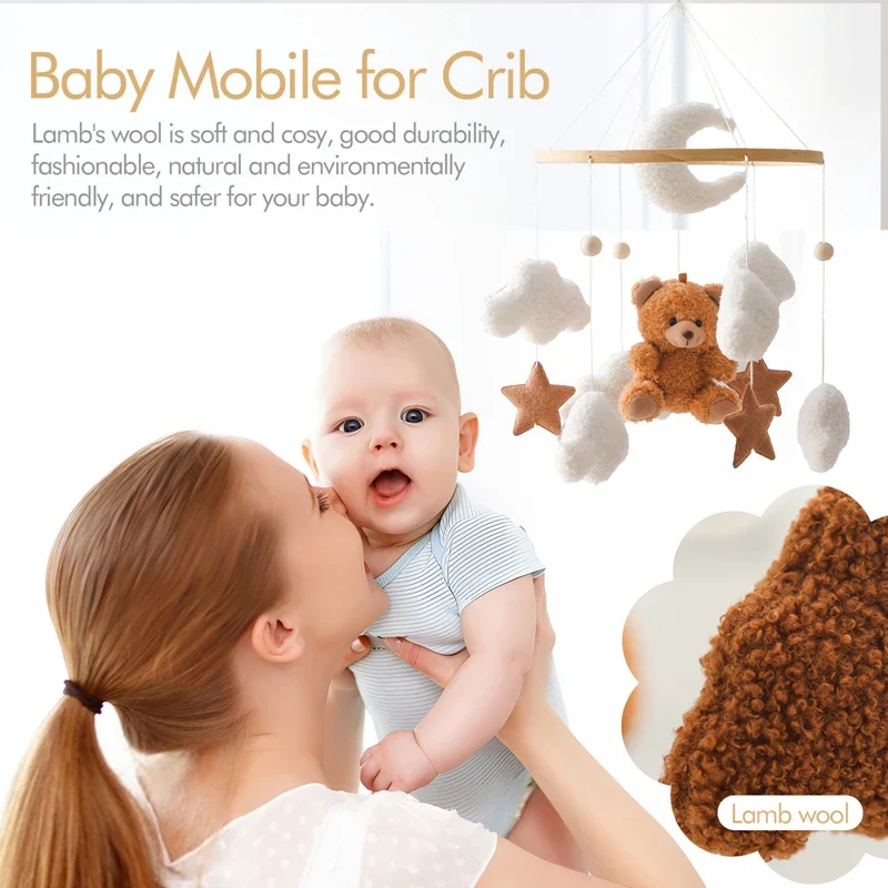 Wooden Crib Mobile Felt Bear Musical Newborn Sensory Toys - Image 5