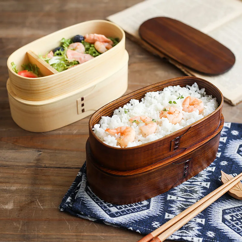 Wooden Japanese Style Bento Box Double-Layer Lunch Container for Workers & Students - Image 2