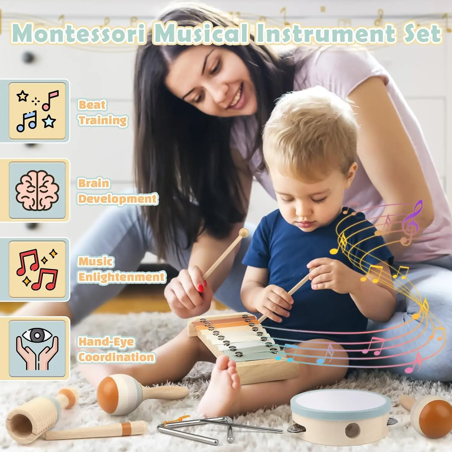 Wooden Montessori Musical Instrument Set for Toddlers - Professionally Tuned Xylophone, Maracas & More - Educational Gift for Preschool Kids - Image 3