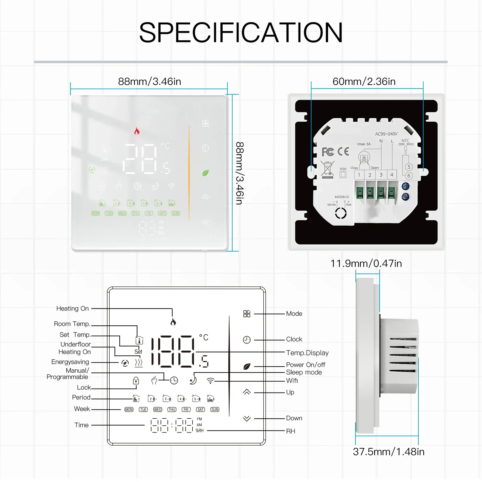 ZigBee Thermostat Wall Mounted Glass Panel Hub Compatible Fall 2025 Energy Saving - Image 6