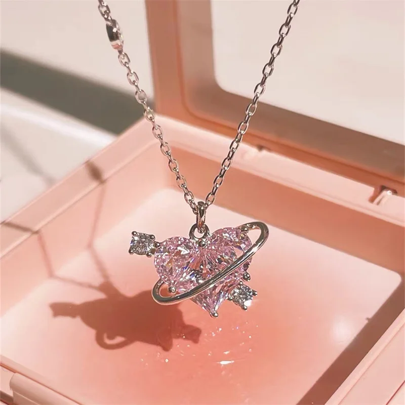 Zircon Pendant Necklace Pink Planet Heart Valentines Day Gift 2026 Aesthetic Jewelry