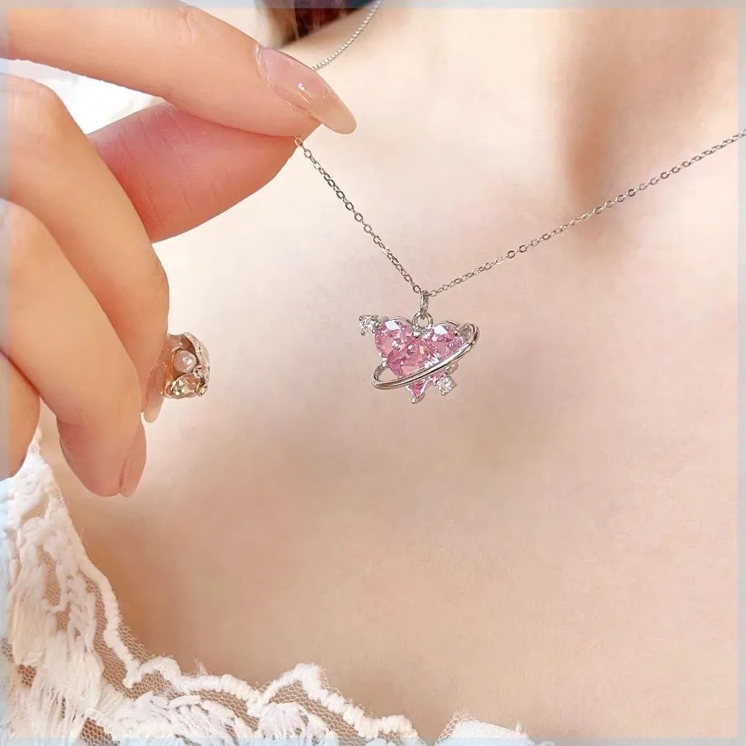 Zircon Pendant Necklace Pink Planet Heart Valentines Day Gift 2026 Aesthetic Jewelry - Image 3
