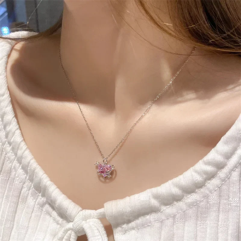 Zircon Pendant Necklace Pink Planet Heart Valentines Day Gift 2026 Aesthetic Jewelry - Image 4