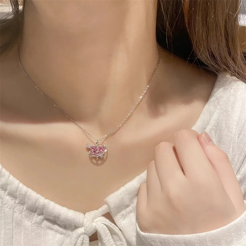 Zircon Pendant Necklace Pink Planet Heart Valentines Day Gift 2026 Aesthetic Jewelry - Image 5