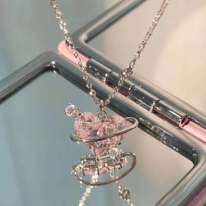 Zircon Pendant Necklace Pink Planet Heart Valentines Day Gift 2026 Aesthetic Jewelry - Image 8