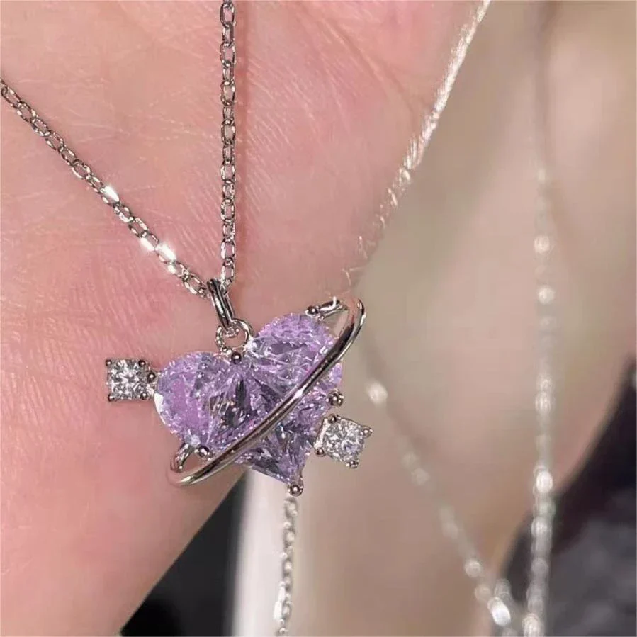 Zircon Pendant Necklace Pink Planet Heart Valentines Day Gift 2026 Aesthetic Jewelry - Image 9